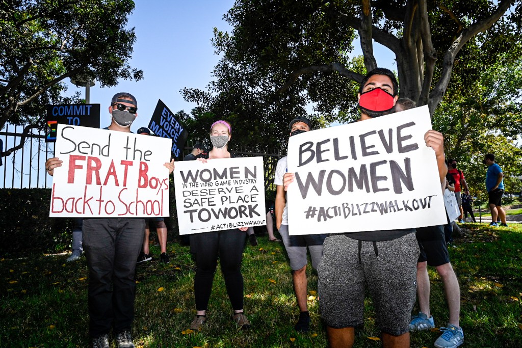 Protestors outside the offices of Activision Blizzard.