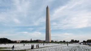 White flags on the national mall with the Washington Monument in the background. People walk among the flags.