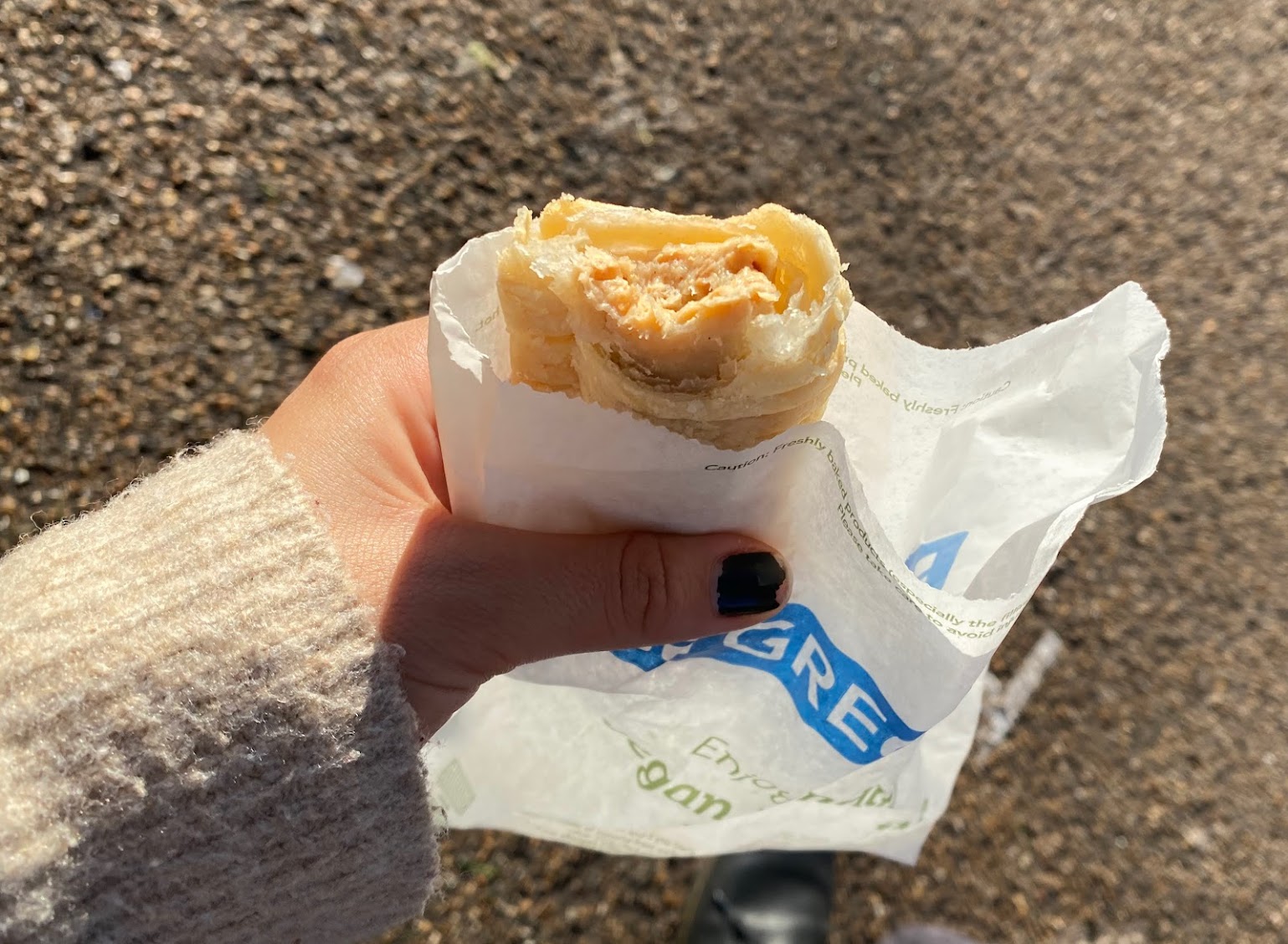 A hand holds up the Greggs vegan sausage roll