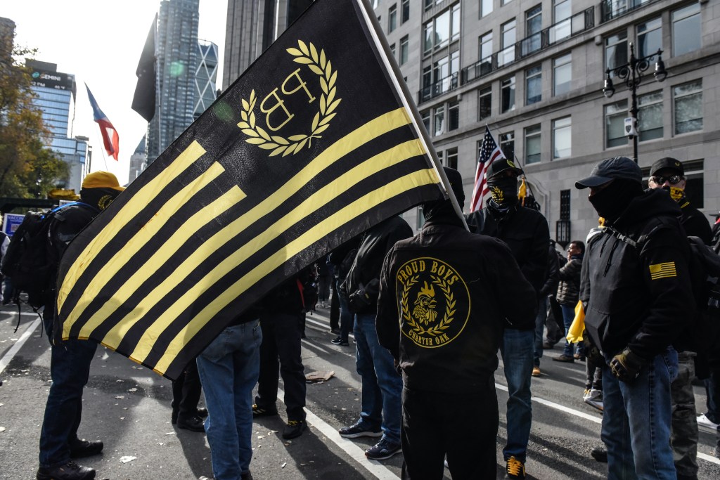 Members of the Proud Boys rally against vaccine mandates on November 20, 2021 in New York City.