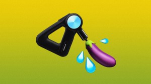 Theragun with head replaced by an eggplant emoji, surrounded by water droplets.