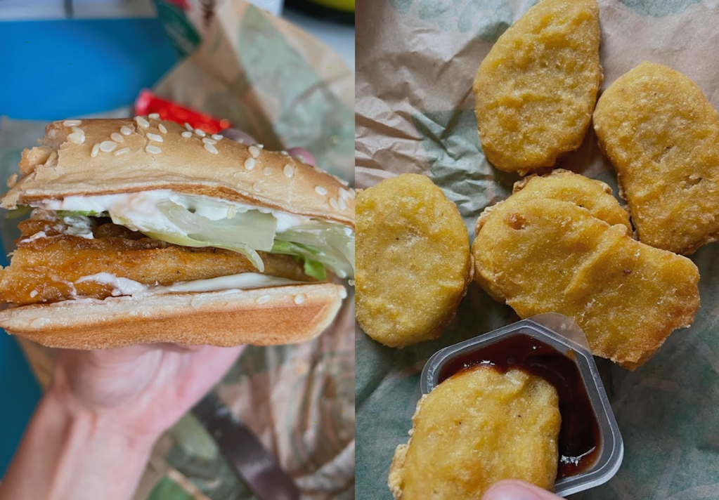 A hand holding the Burger King Vegan Royale, and the Burger King vegan nuggets