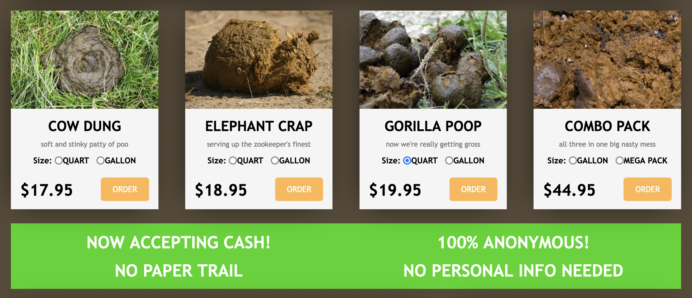 Screenshot from the Poopsenders website offering options such as