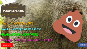 A screenshot from the Poopsenders.com website shows an elephant's ass with poop coming out of it and text reading "SWEET Revenge at its Finest"