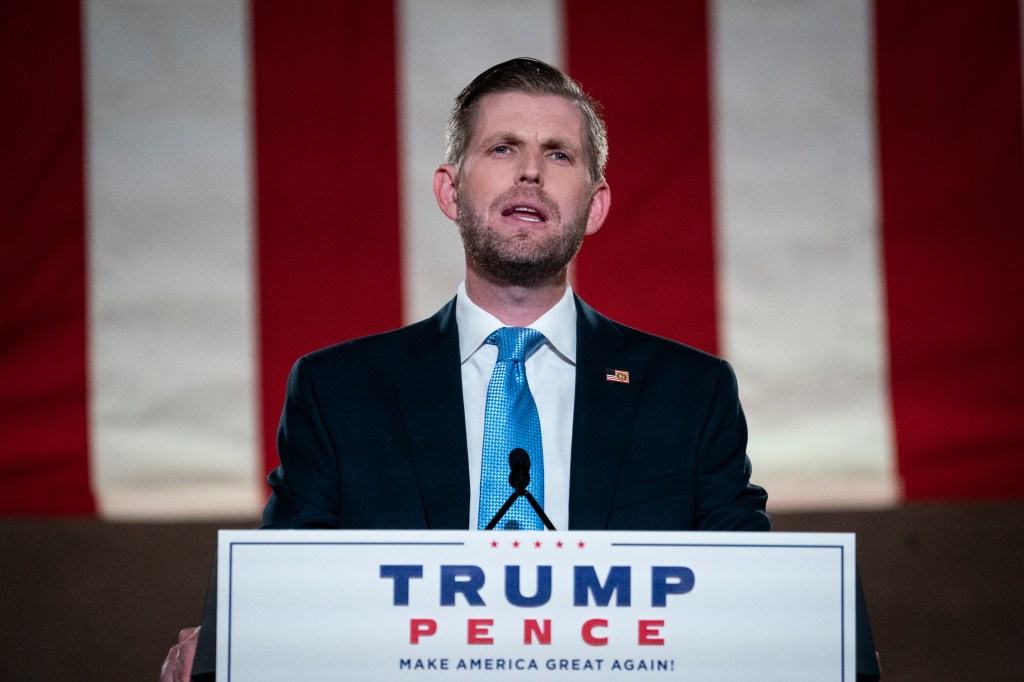 Eric Trump pre-records his address to the Republican National Convention at the Mellon Auditorium on August 25, 2020 in Washington, DC. (Drew Angerer/Getty Images)​