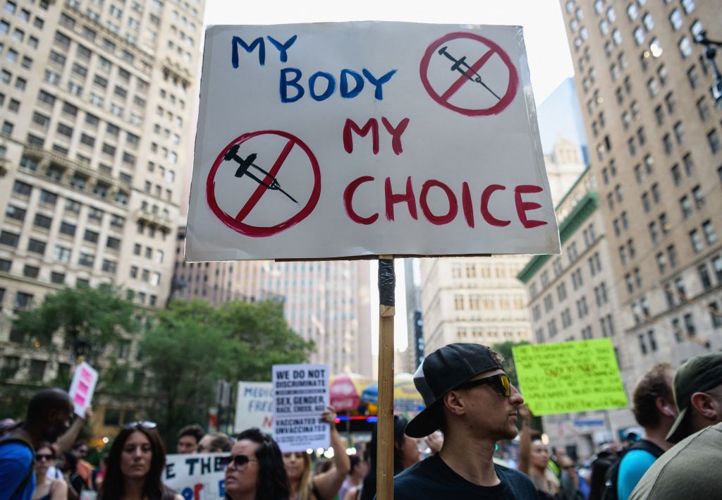 Protestors opposed to COVID-19 vaccine mandates and vaccine passports at a rally in New York City.