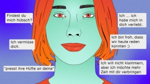 Illustration einer jungen Frau mit grüner Haut und orangenen Haaren, daneben Sprechblasen, immer mehr Menschen führen Beziehungen mit Chatbots