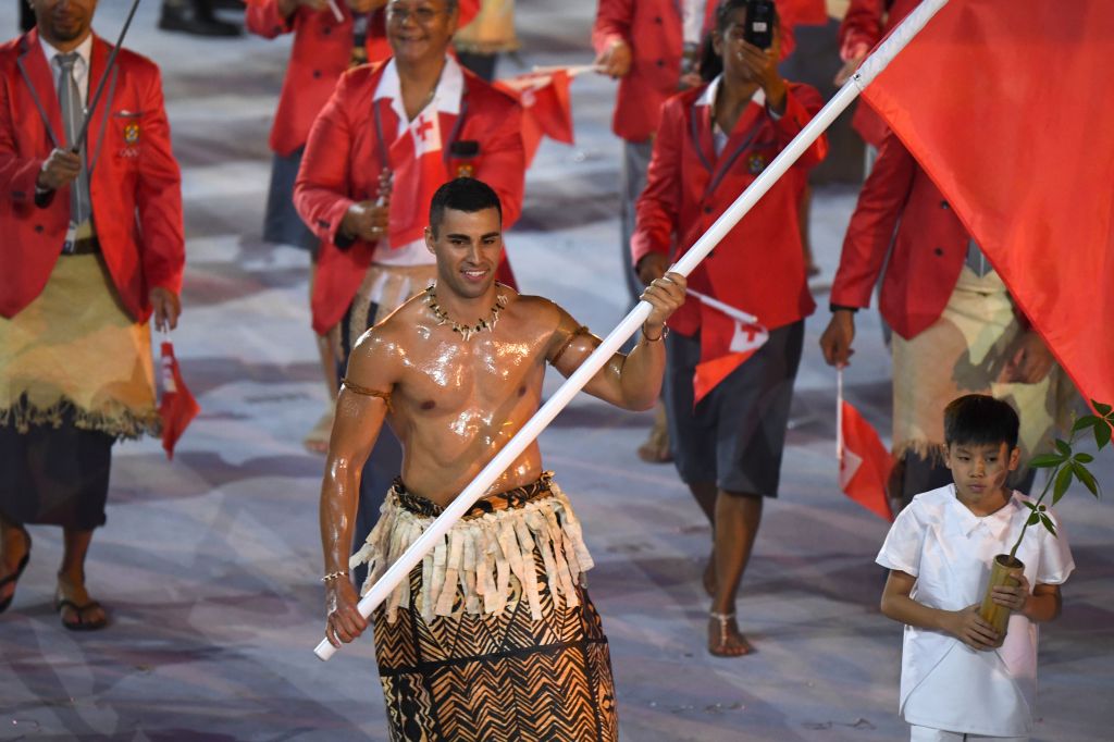 tonga, flag bearer, ski, beijing, 2022, volcano, tsunami, olympics