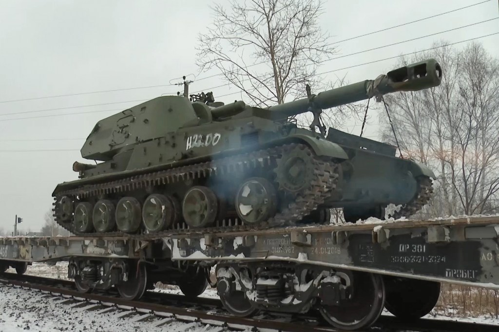 ​Russian military hardware is unloaded from a troop train in Belarus earlier this week. Russian is holding military drills within its ally Belarus, as troops amass on the border with Ukraine.