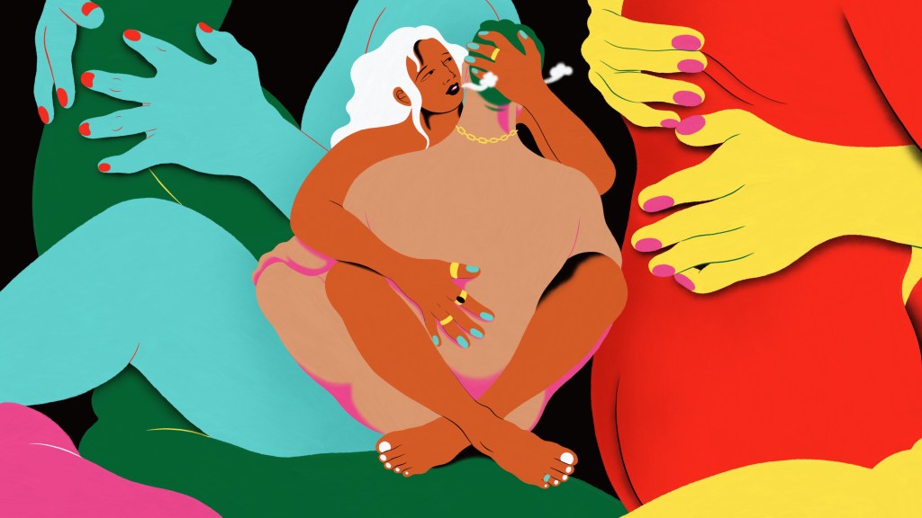 brightly colored illustration of a couple having tantric sex in the yab-yum position