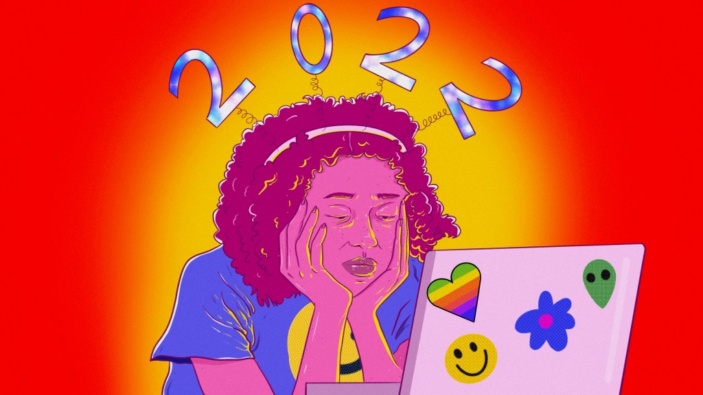 Ask VICE, burnout, jobs - Illustration of a woman sat glumly in front of a laptop, wearing a tiara which spells out ‘2022’