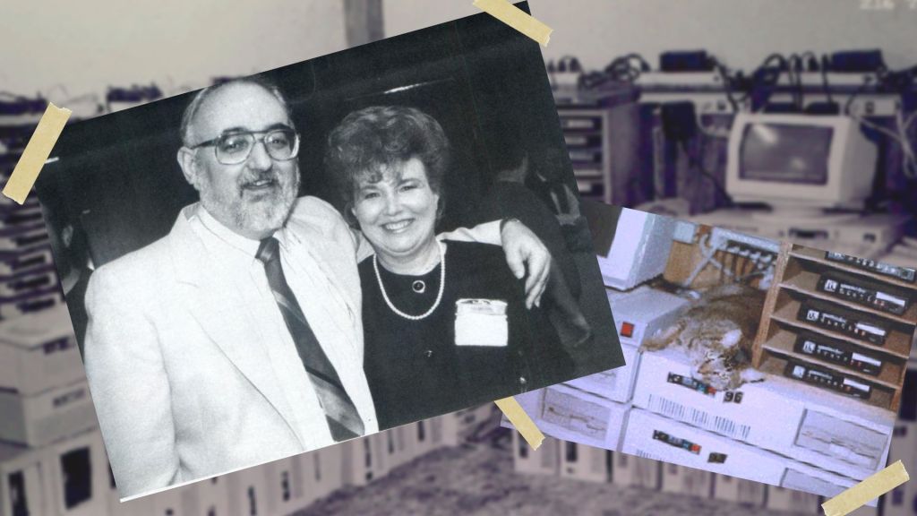 A collage of photos including Russell and Edwina Hardenburgh, their servers in the background, and their cat on a computer