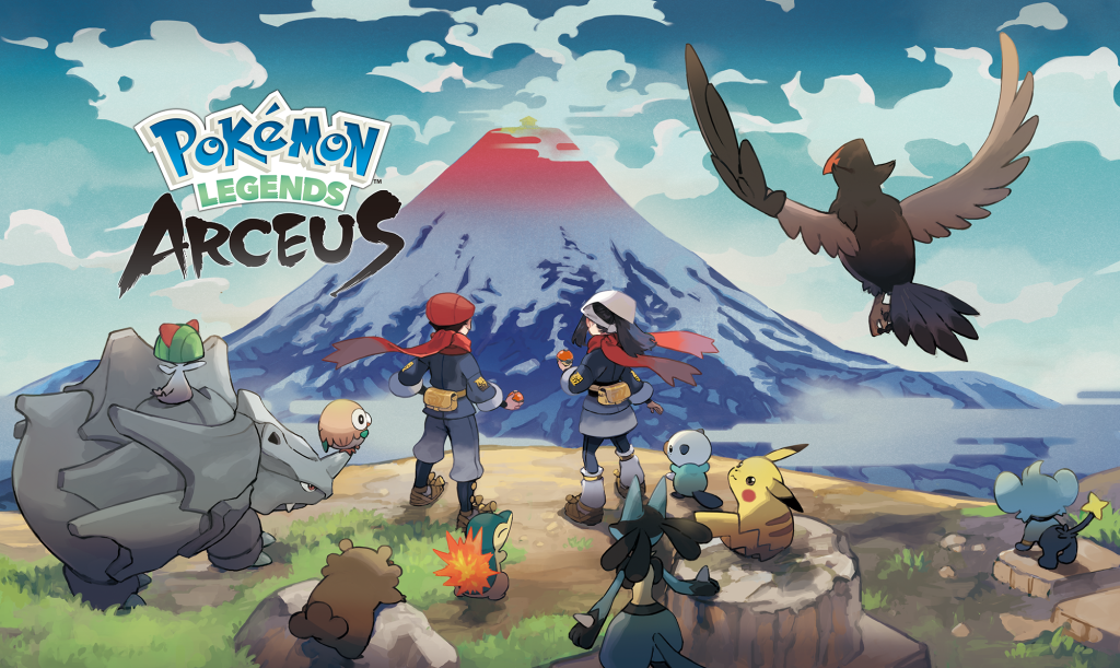 Illustration of two protagonists from Pokémon Legends Arceus looking out over a clif towards a mountain in the distance, an assortment of Pokémon gather behind them.