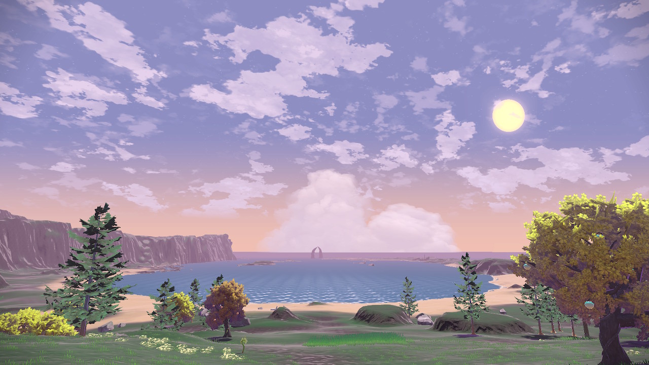 A sparse looking seaside where the trees stop not far from the player's viewpoint, and the water has a very obvious tiling wave pattern. The sky has nice sunset colors and clouds.