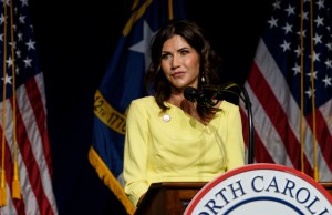 South Dakota Gov. Kristi Noem speaks to attendees at the North Carolina GOP convention on June 5, 2021 in Greenville, North Carolina. (Melissa Sue Gerrits/Getty Images)