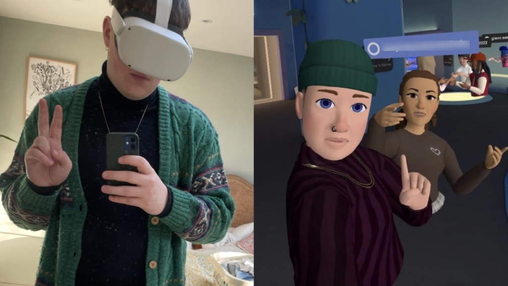 Ross Buchanan wearing an Meta Quest 2 headset, and his Horizon Worlds avatar with a friend