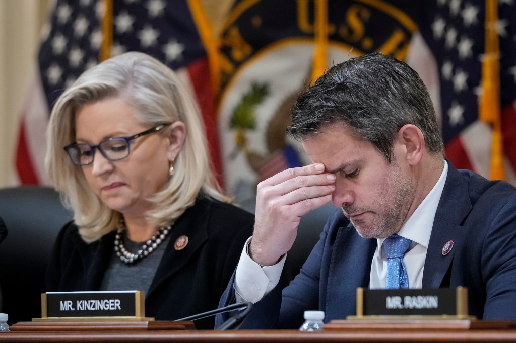 L-R) Rep. Liz Cheney (R-WY), vice-chair of the select committee investigating the January 6 attack on the Capitol, and Rep. Adam Kinzinger (R-IL) listen during a committee meeting on Capitol Hill on December 1, 2021 in Washington, D.C.