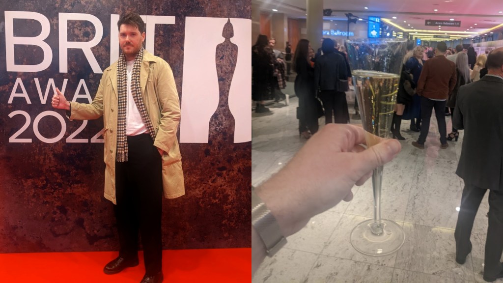 Joel Golby on the Brits red carpet doing a thumbs up, Joel Golby holding a champagne flute