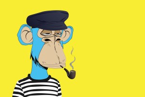 Cartoon ape smoking a pipe on a yellow background.