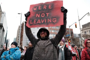 Hundreds of truck drivers and their supporters gather to block the streets of downtown Ottawa as part of a convoy of truck protesters against Covid mandates in Canada on February 11, 2022 in Ottawa, Ontario. (Spencer Platt/Getty Images)