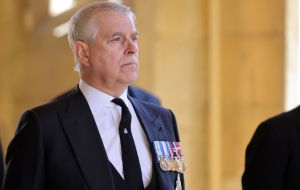 Prince Andrew attends the ceremonial funeral procession of Britain's Prince Philip on April 17, 2021.