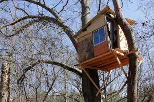 A treehouse built by activists sits in the canopy of Atlanta's South River Forest