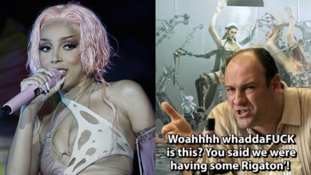 Doja Cat performing in 2022, and an Arca shitposting meme from @worldofgarbage