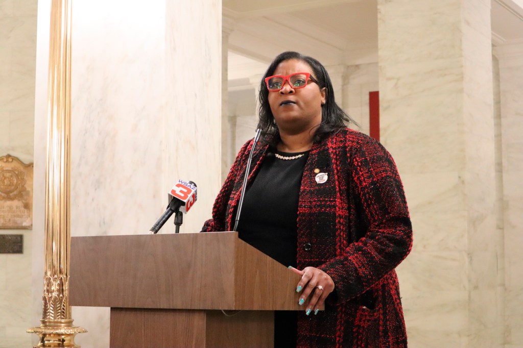 West Virginia Delegate Danielle Walker speaks at a press conference at the state capitol on Jan. 31, 2022 about a bill that would lift abortion restrictions.