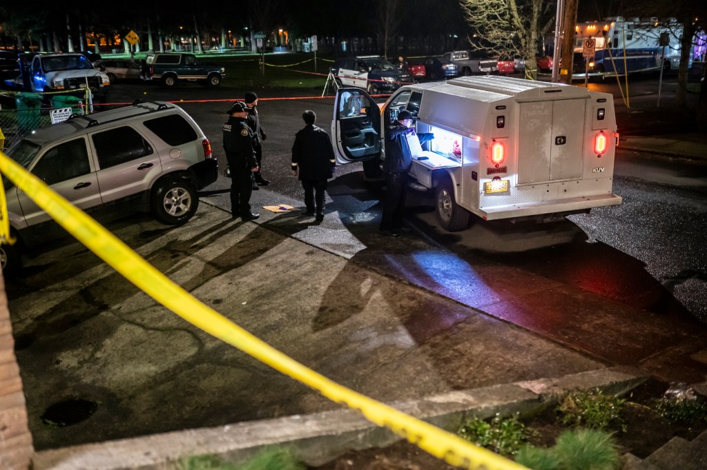 Portland police investigate a shooting that took place during a protest for Amir Locke, which officials said left one dead and five others injured, on February 19, 2022 in Portland, Oregon.