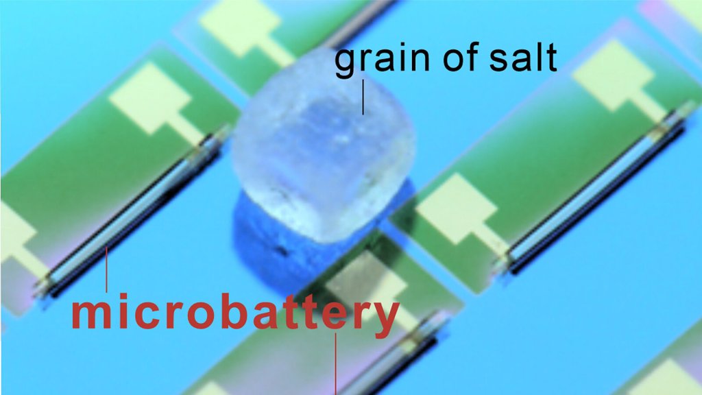 The world's smallest battery is smaller than a grain of salt and can be produced in large quantities on a wafer surface. Illustration: TU Chemnitz/Leibniz IFW Dresden