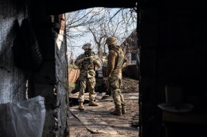 Ukrainian soldiers are seen in the north of Donetsk, Ukraine on February 23, 2022.