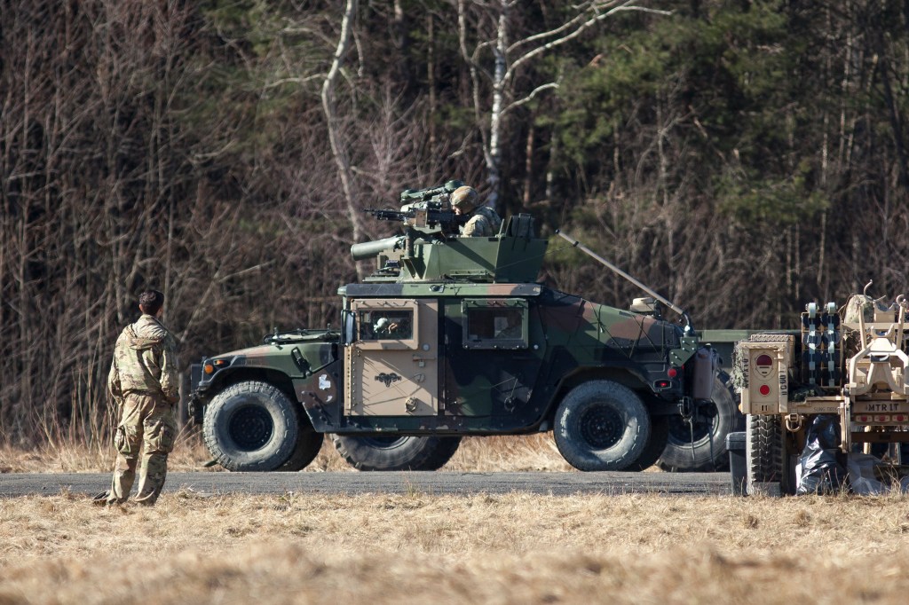 American soldiers sent to the Polish-Ukrainian border in connection with the crisis in Ukraine seen near arlamow on February 24, 2022.