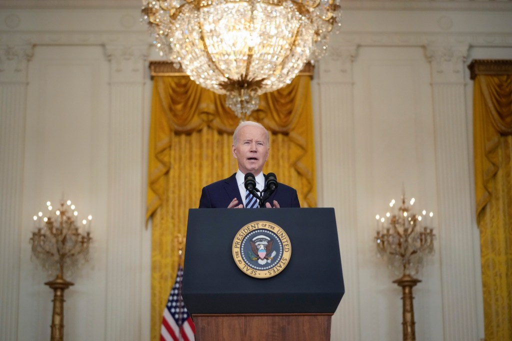 U.S. President Joe Biden delivers remarks about Russia's military invasion of Ukraine in the White House Thursday.