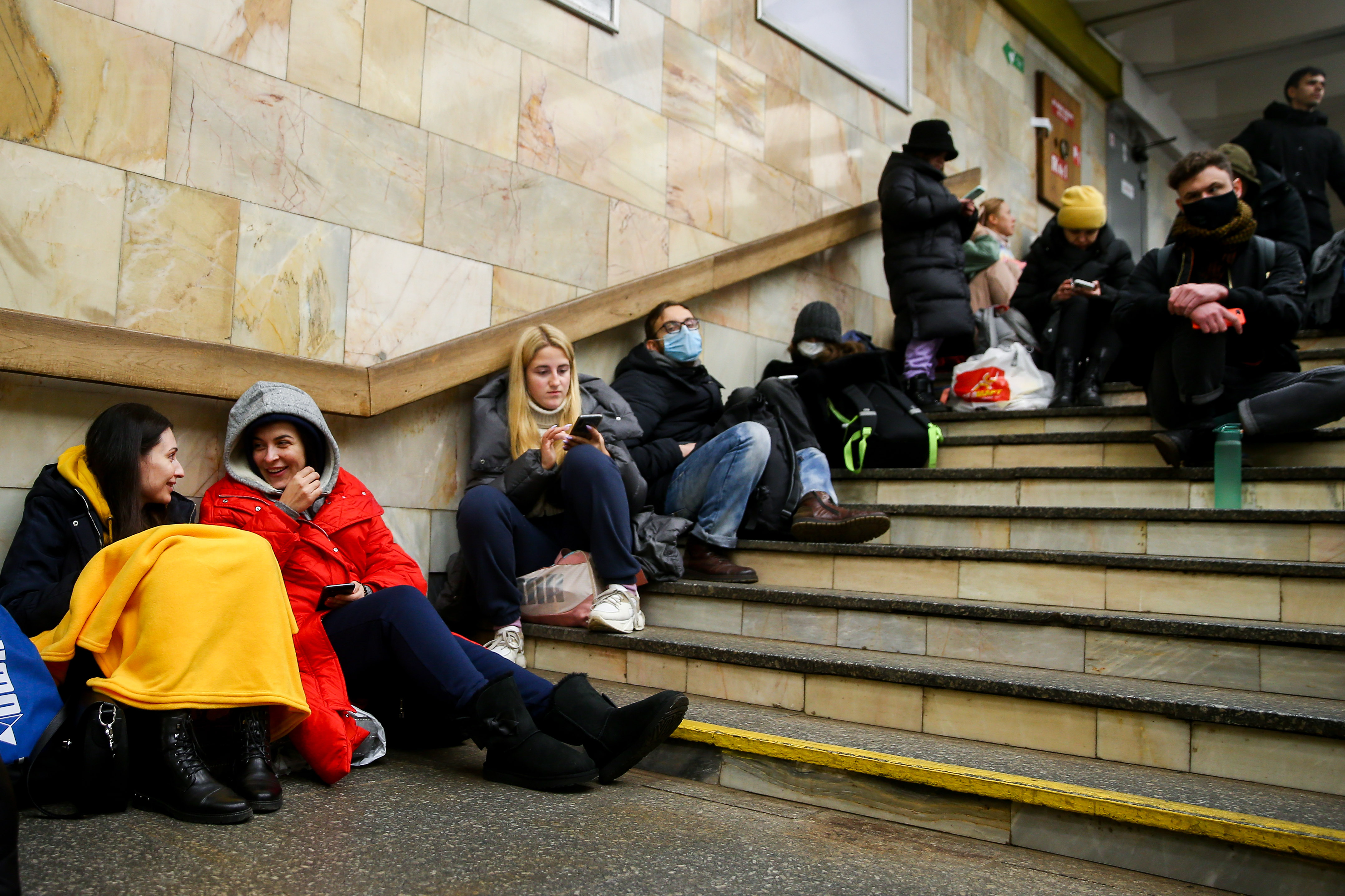 People take shelter in a metro station in Kyiv, Ukraine on February 24, 2022.