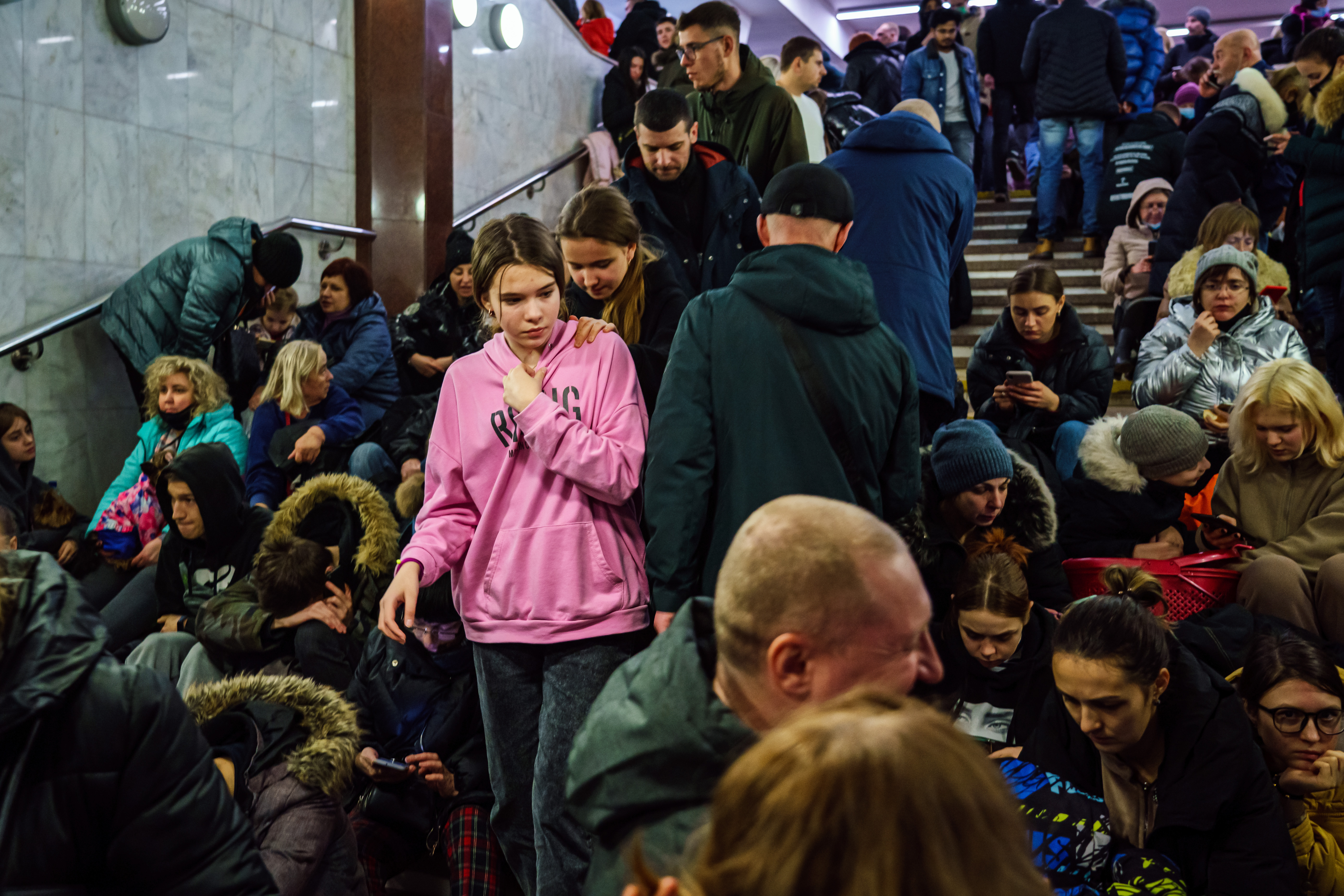 Hundreds of people seek shelter underground in Kharkiv, Ukraine, Thursday, Feb. 24, 2022.