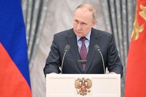 Russia's President Vladimir Putin gives comments to the media after a ceremony to sign a declaration on allied cooperation between Russia and Azerbaijan at Moscow's Kremlin. (Sergei GuneyevTASS via Getty Images)