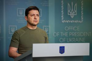 Ukrainian president Volodymyr Zelenskyy delivering a speech during the Russian invasion