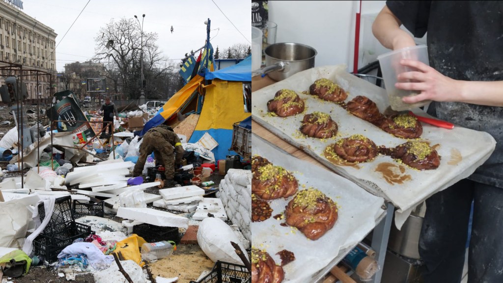 Kharkiv in puin en hard werk in de bakkerij.