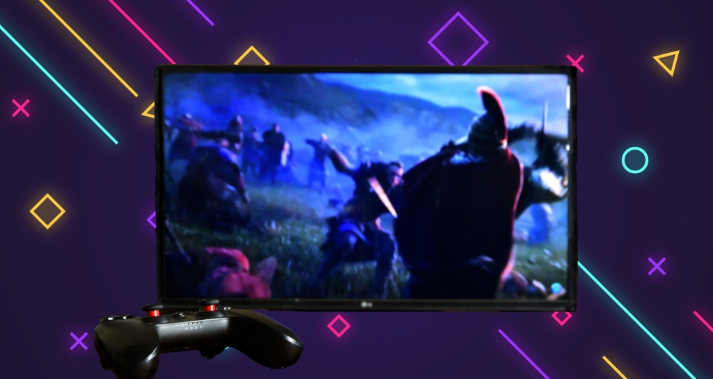 Historically accurate video games – Assassin’s creed screenshot. Background: purple gradient with playstation symbols in neon colors.