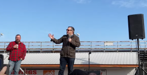 ​Republican Senator Ted Cruz, seen in a livestream, at the trucker convoy in  Hagerstown Thursday morning.