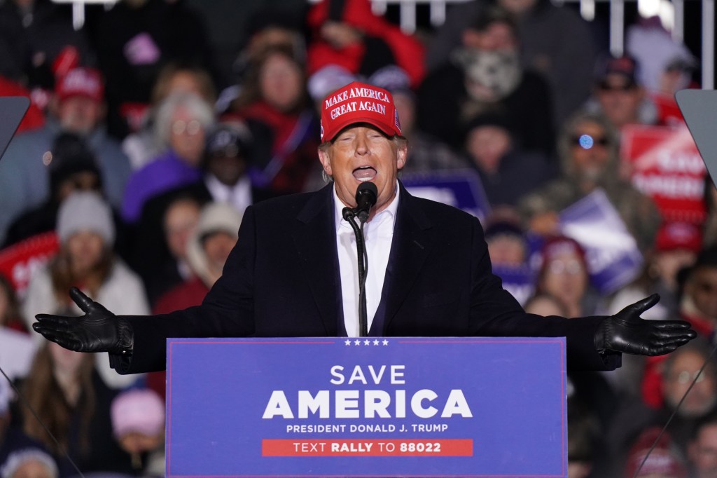 Former US President Donald Trump speaks to the crowd during a rally at the Florence Regional Airport on March 12, 2022 in Florence, South Carolina. (Sean Rayford/Getty Images)