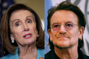 Speaker of the House Nancy Pelosi (D-CA) speaks at the U.S. Capitol March 16, 2022 in Washington, DC. (Drew Angerer/Getty Images) // The musician and social activist Bono at UN headquarters, February 11, 2020 (Spencer Platt/Getty Images)