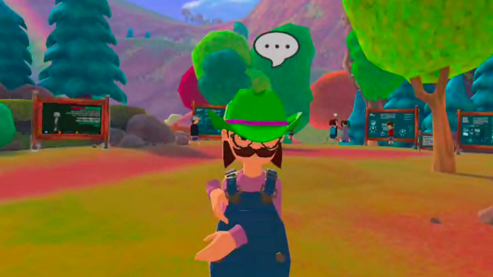 A person in a green fedora in AltspaceVR metaverse holding out their hand.