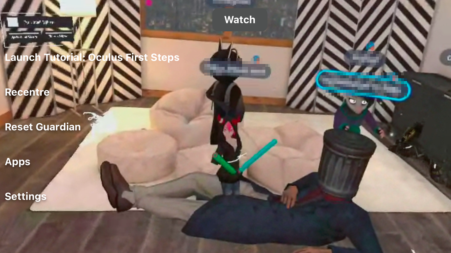 A binhead man getting a tattoo from a pixie in VRchat metaverse