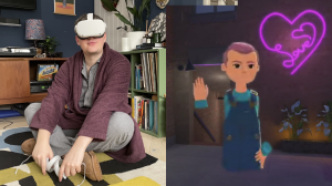 ​The author in his Meta headset and a composite image of his AltSpaceVR​ avatar in VRchat