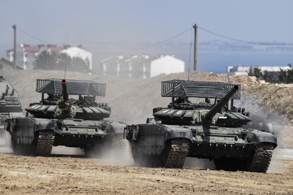 Photo of tanks shown off at a Russian army exhibition in 2021. Anonymous photo posted to  Russian social media.