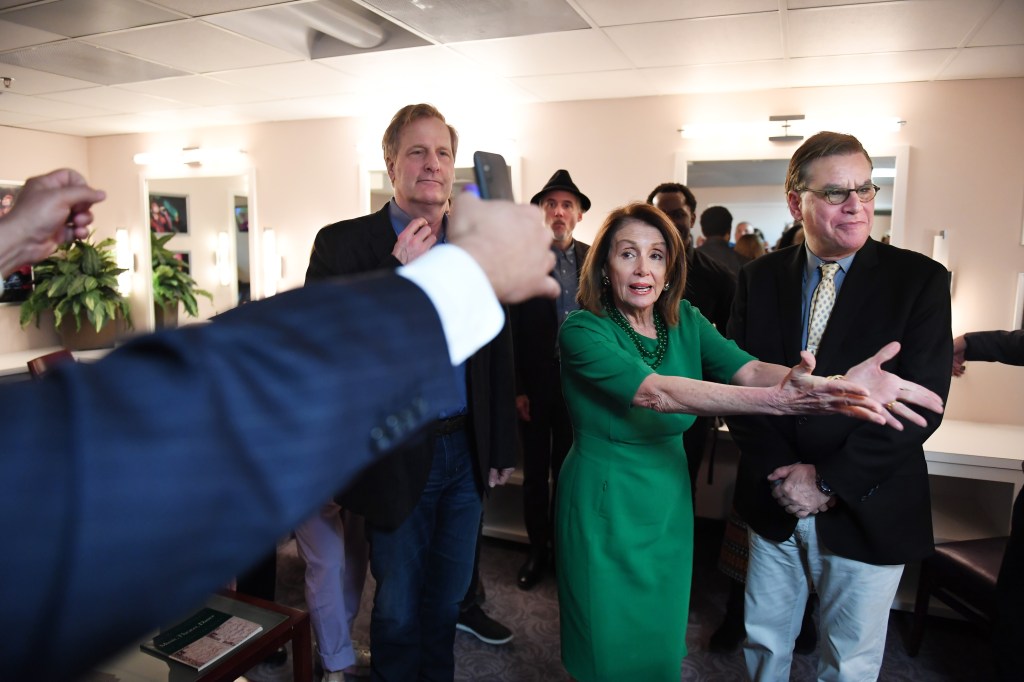 Jeff Daniels, left, who portrays Atticus Finch in the broadway production of To Kill a Mockingbird is seen backstage with Speaker of the House Nancy Pelosi (D-CA) and writer, Aaron Sorkin before performing a reading at the Thomas Jefferson Building of the