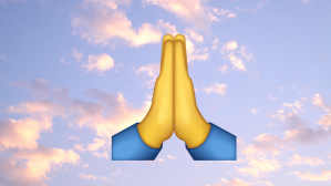 ​Image composition of emoji folded hands over a cloud background.