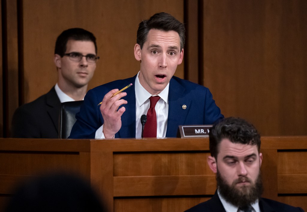 Sen. Josh Hawley, R-Mo., questions Supreme Court nominee Ketanji Brown Jackson during her Senate Judiciary Committee confirmation hearing, on Capitol Hill in Washington, Tuesday, March 22, 2022. (AP Photo/J. Scott Applewhite)