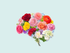 A brain made out of different flowers.